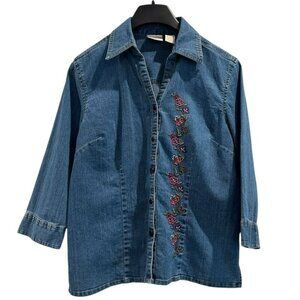 Vintage Erika Floral Denim Shirt Y2K Floral Embroidery Boho‎ Button Up Sz S